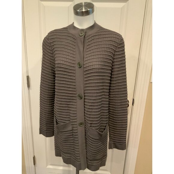 Lafayette 148 New York Gray Waffle Knit Button-Up Mock Neck Cardigan Size Medium - Picture 1 of 7